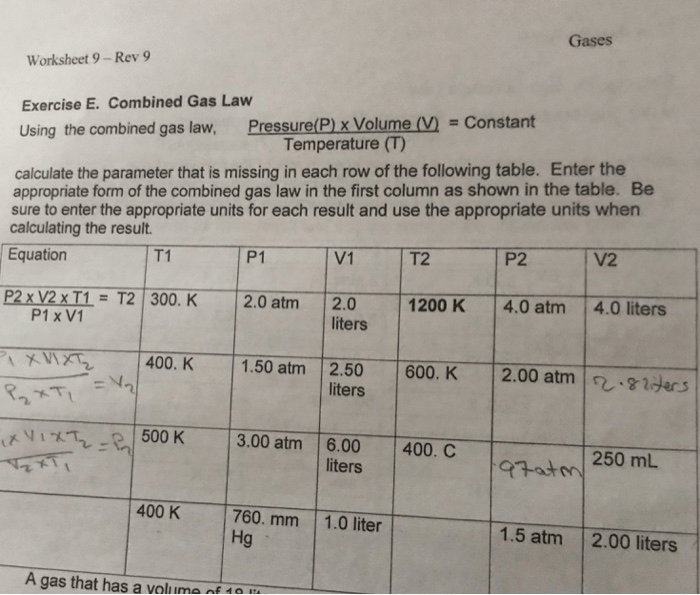 Combined gas law worksheet and answers