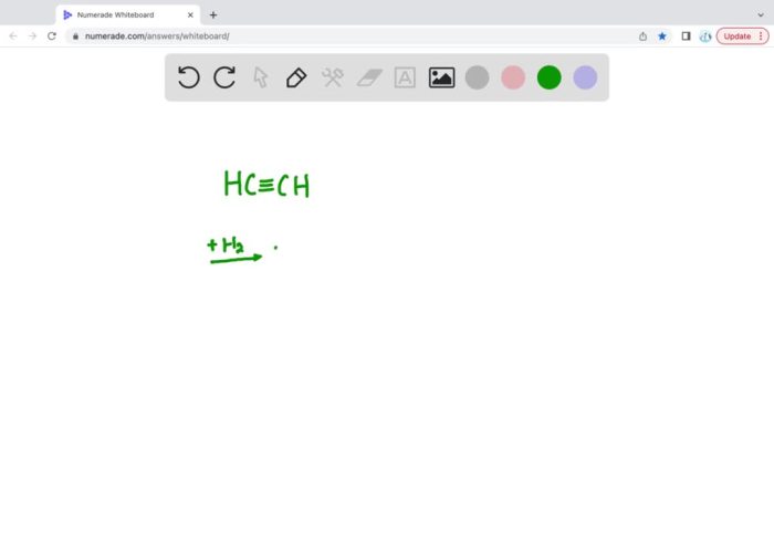 Draw the product of the complete hydrogenation of ethyne